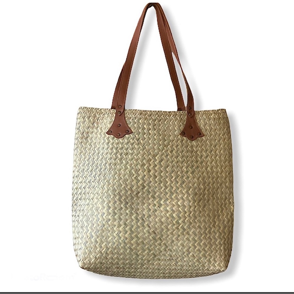 Large Natural Material Woven Tote with Leather Handles